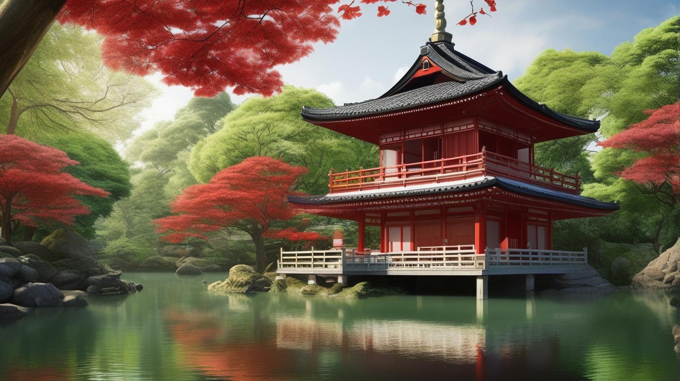 AI-generated red pagoda and garden image from the AIGI dataset
